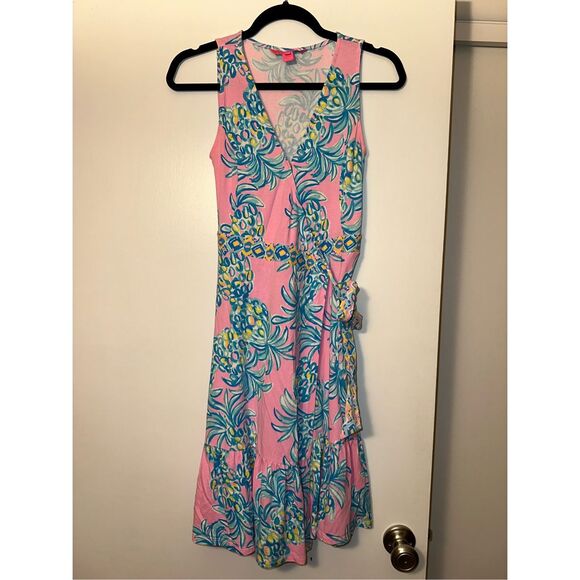 Lilly Pulitzer XXS Misha Sleeveless Wrap Dress Pelican Pink Pineapple Print NWT - Picture 1 of 9